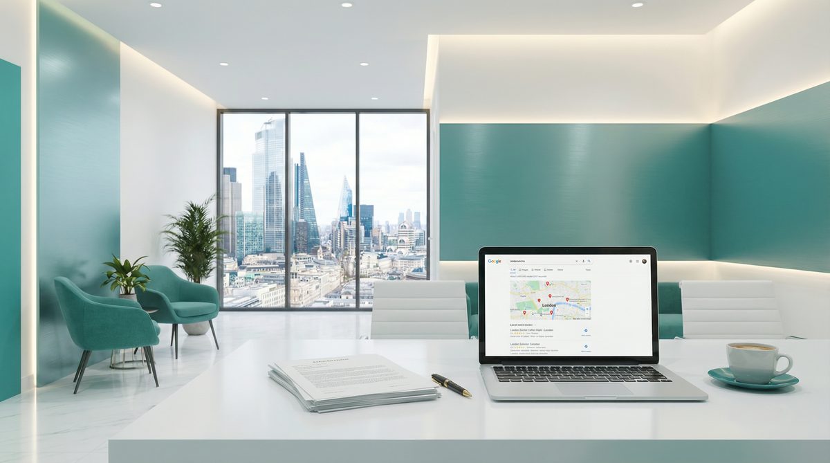 Solicitor office with Google Maps local search results and client review management dashboard