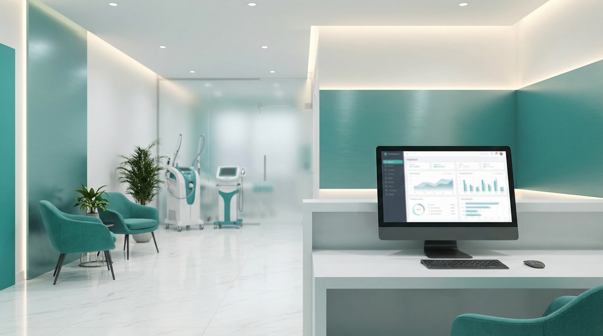 SEO consultant reviewing aesthetic clinic website analytics and performance metrics on a modern laptop