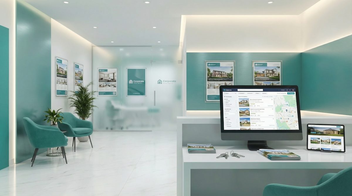 Modern estate agency office with property listing optimisation dashboard and local search visibility metrics