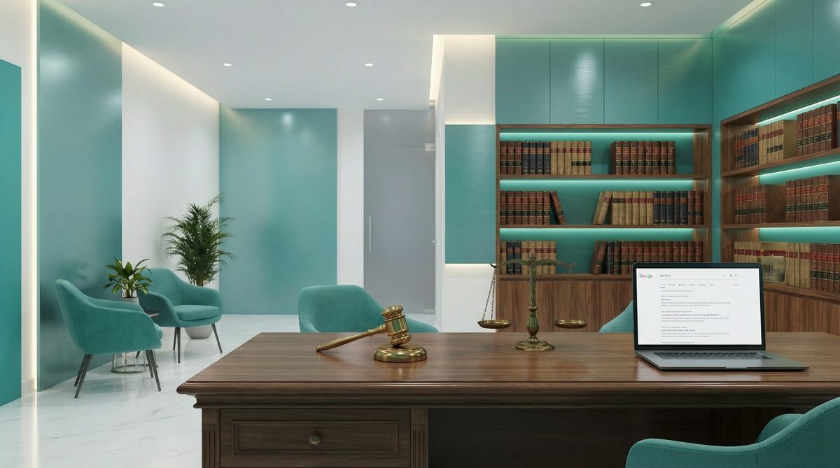 Professional law firm office with digital marketing elements showing local SEO, content strategy, and client acquisition