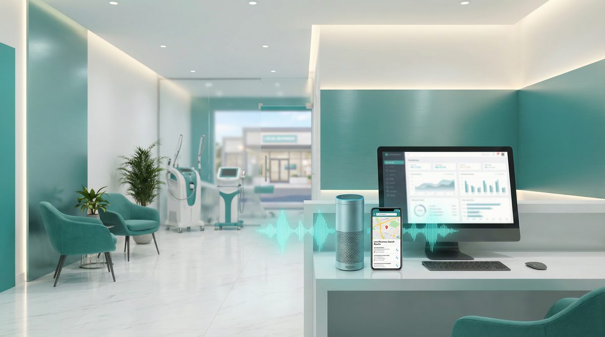 Voice search optimisation for local businesses showing smart speaker queries, conversational keywords, and local intent patterns