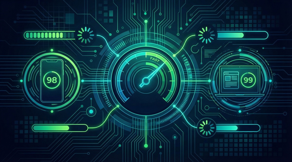 Dashboard prestazioni velocità sito web che mostra metriche Core Web Vitals, tempi di caricamento e raccomandazioni di ottimizzazione