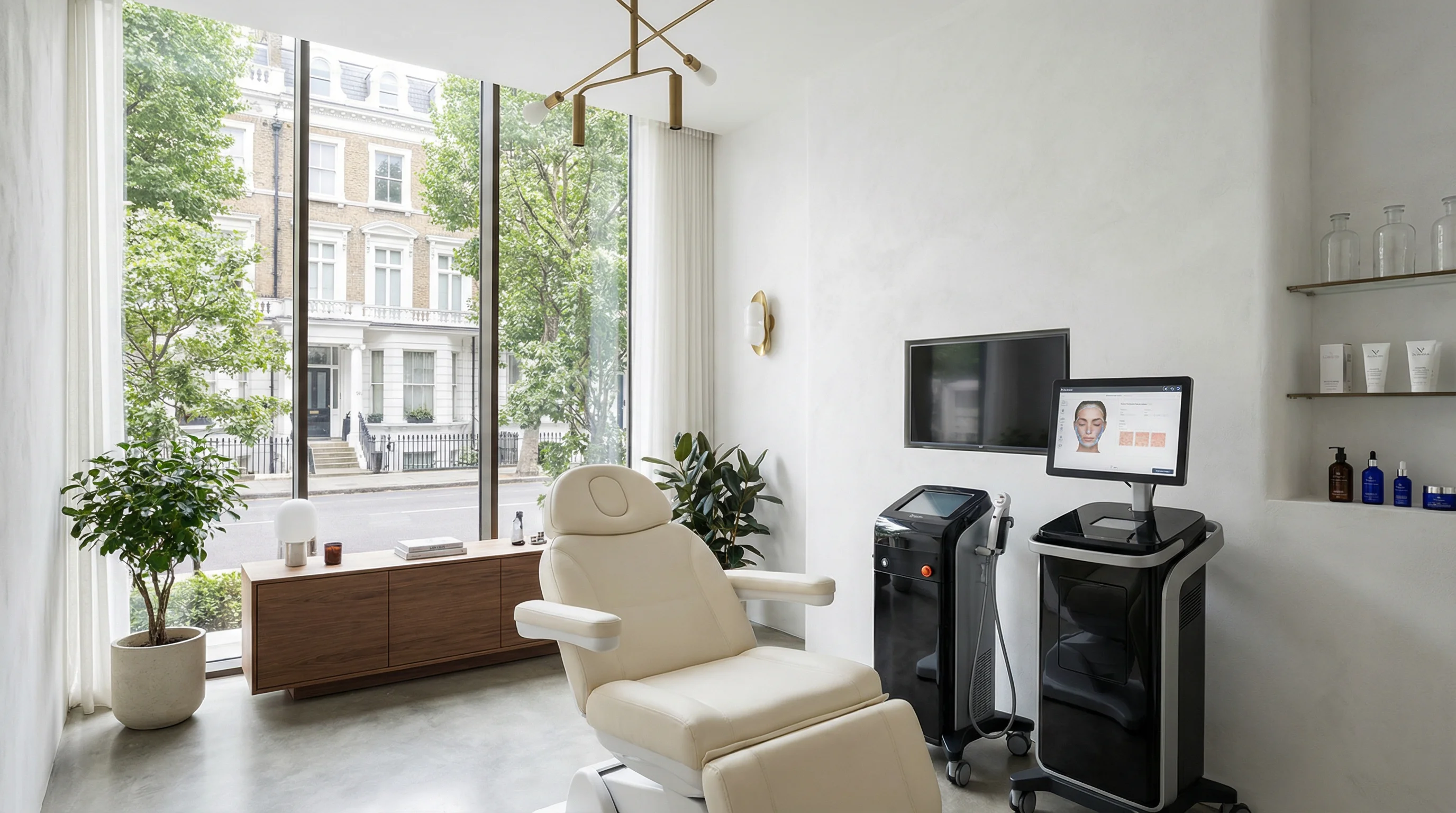 Modern luxury aesthetic clinic interior with advanced skincare technology and treatment room in London