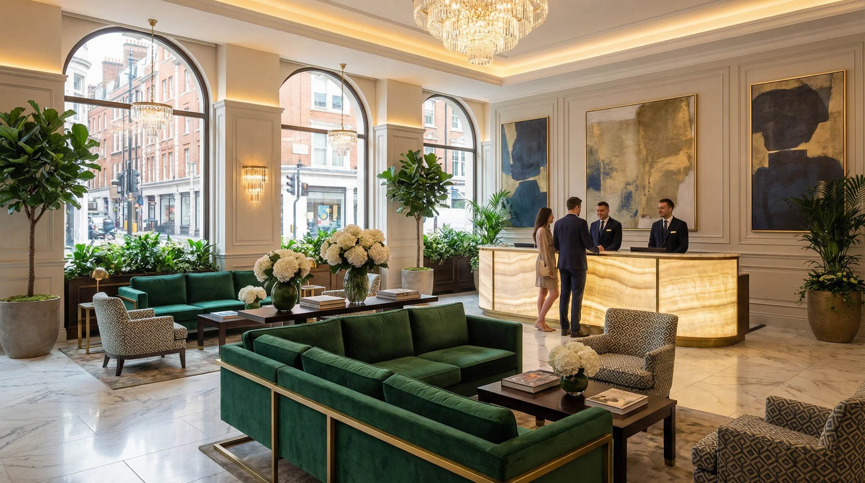 Elegant boutique hotel lobby with premium furnishings and professional concierge service in London