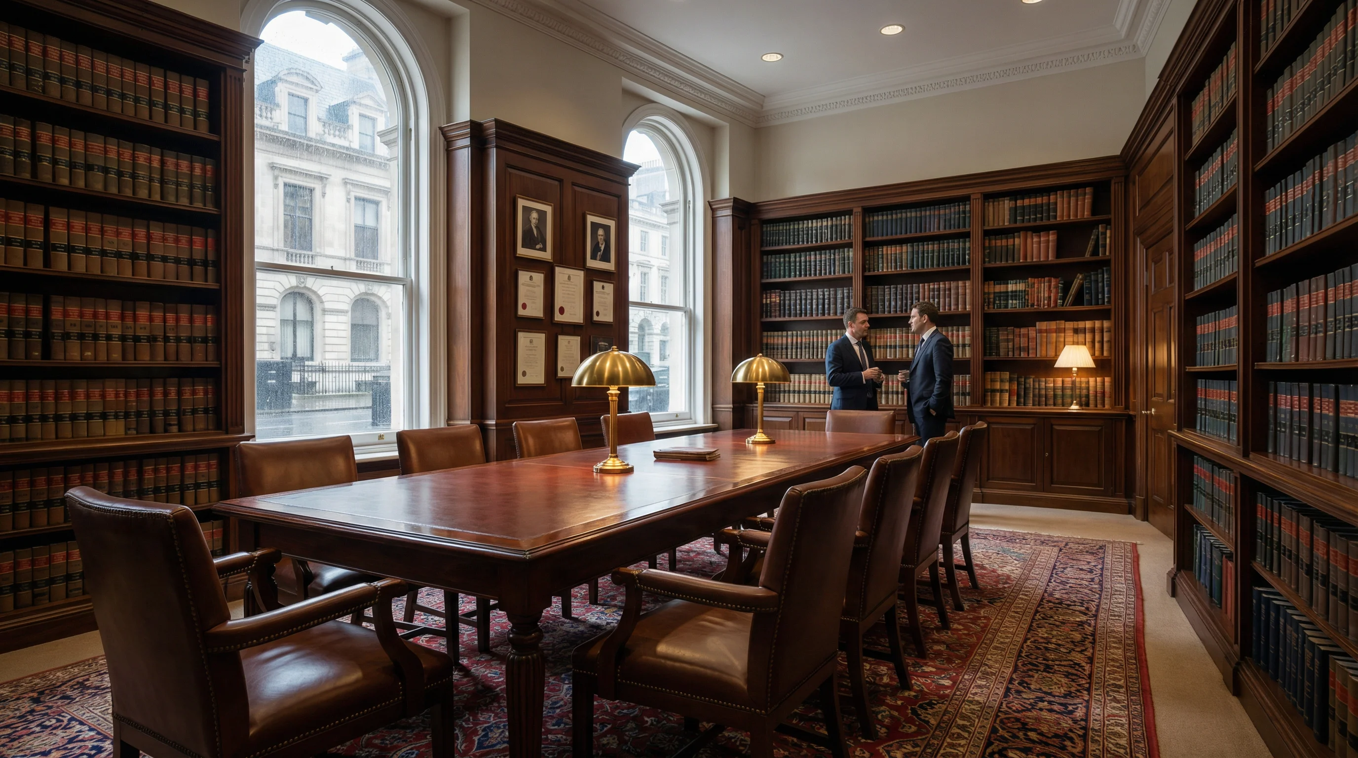 Prestigiosa sala de conferencias de bufete de abogados con muebles de caoba y estanterías de libros de derecho del suelo al techo en Londres