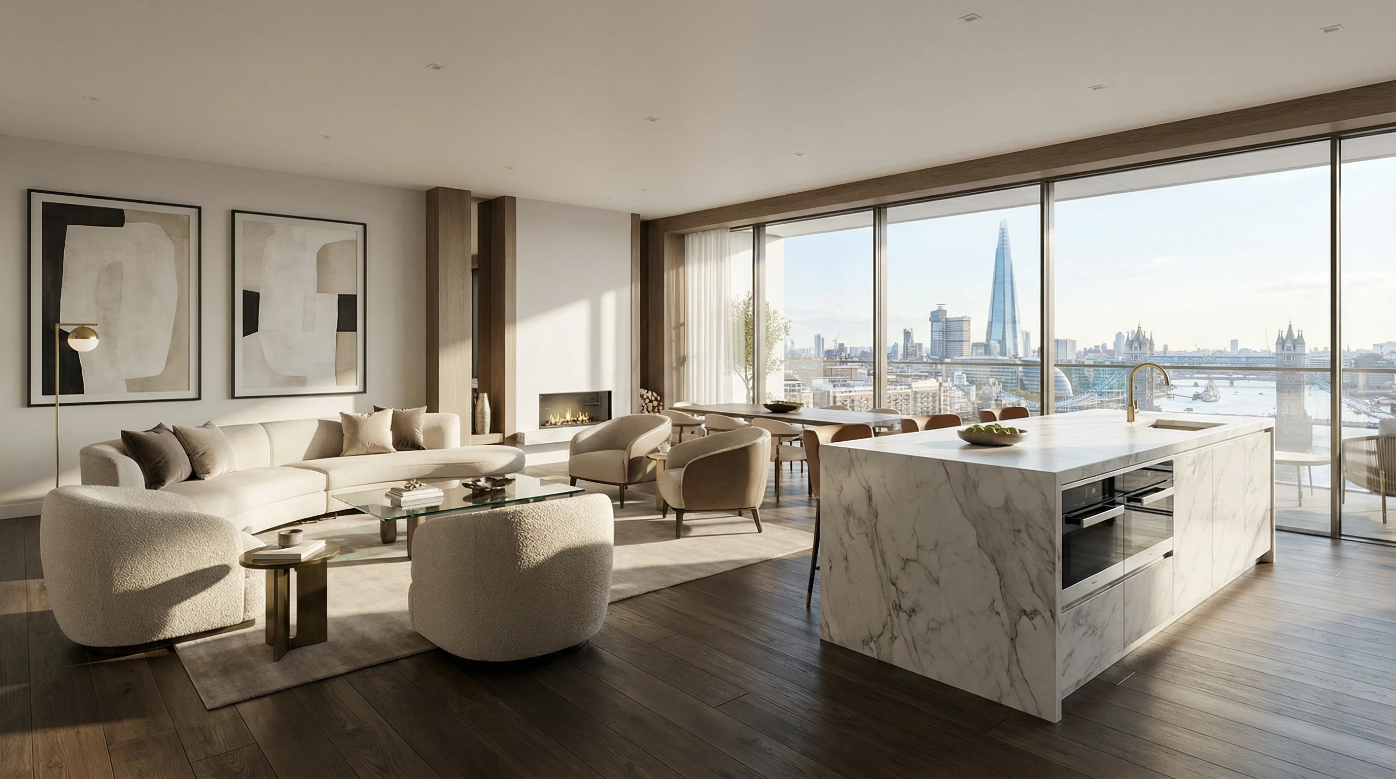 Impresionante interior de propiedad de lujo con vistas al horizonte de Londres y espacio de vida moderno de planta abierta