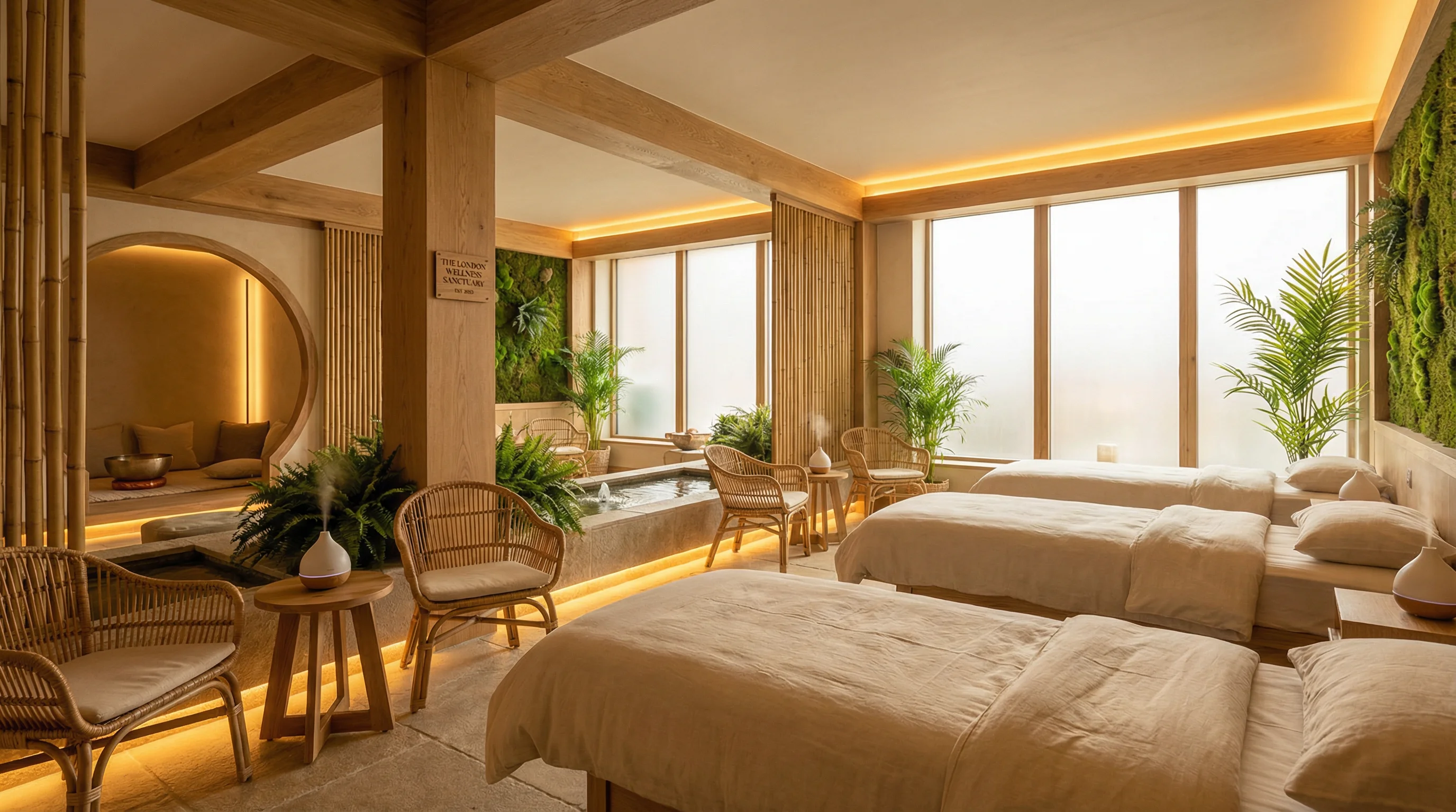 Luxury wellness center and spa interior with relaxation beds and tranquil atmosphere in London