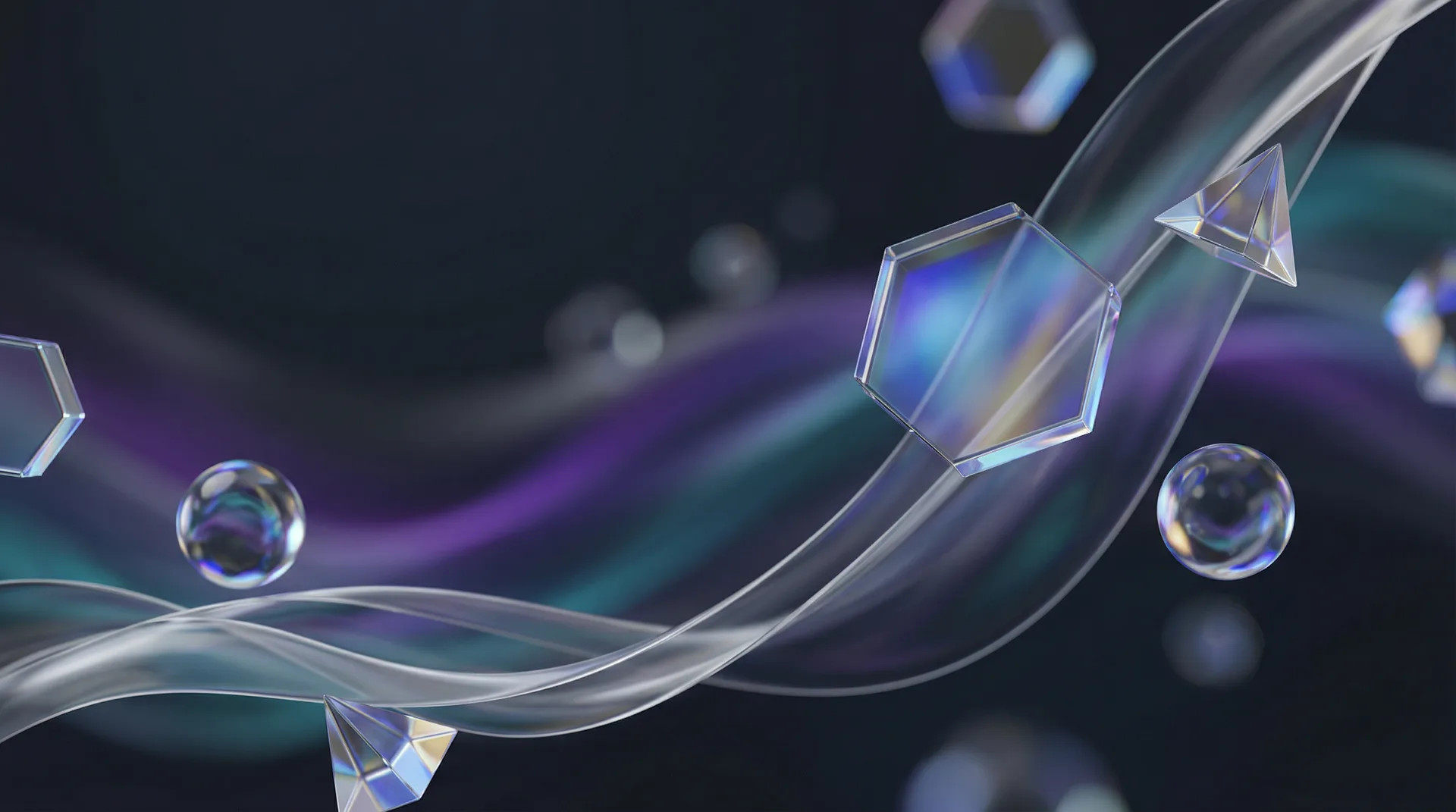 Flowing glass ribbons and geometric shapes representing precision digital services