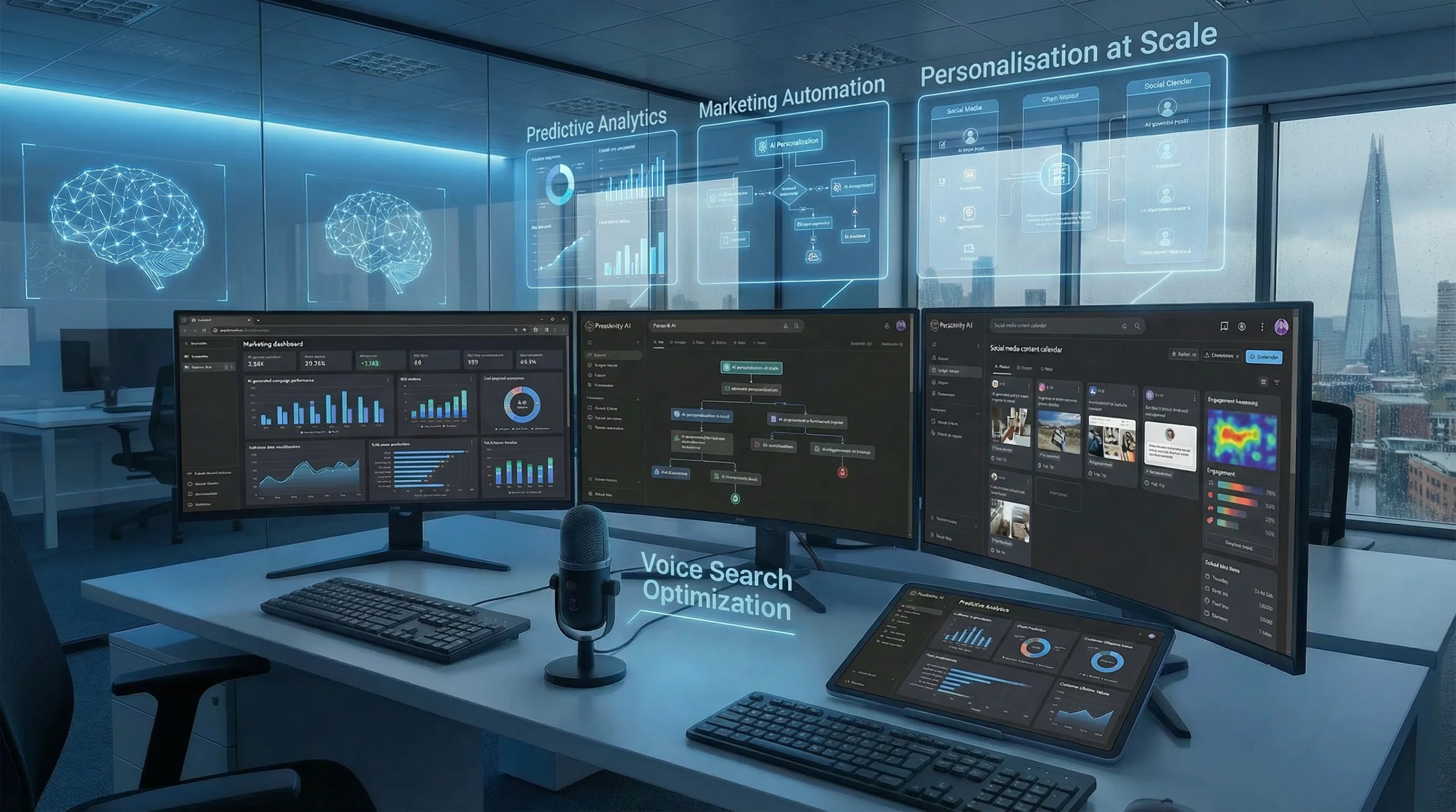 AI digital marketing command centre with multiple screens showing marketing dashboards, automation workflows, predictive analytics and AI-powered campaign tools in London