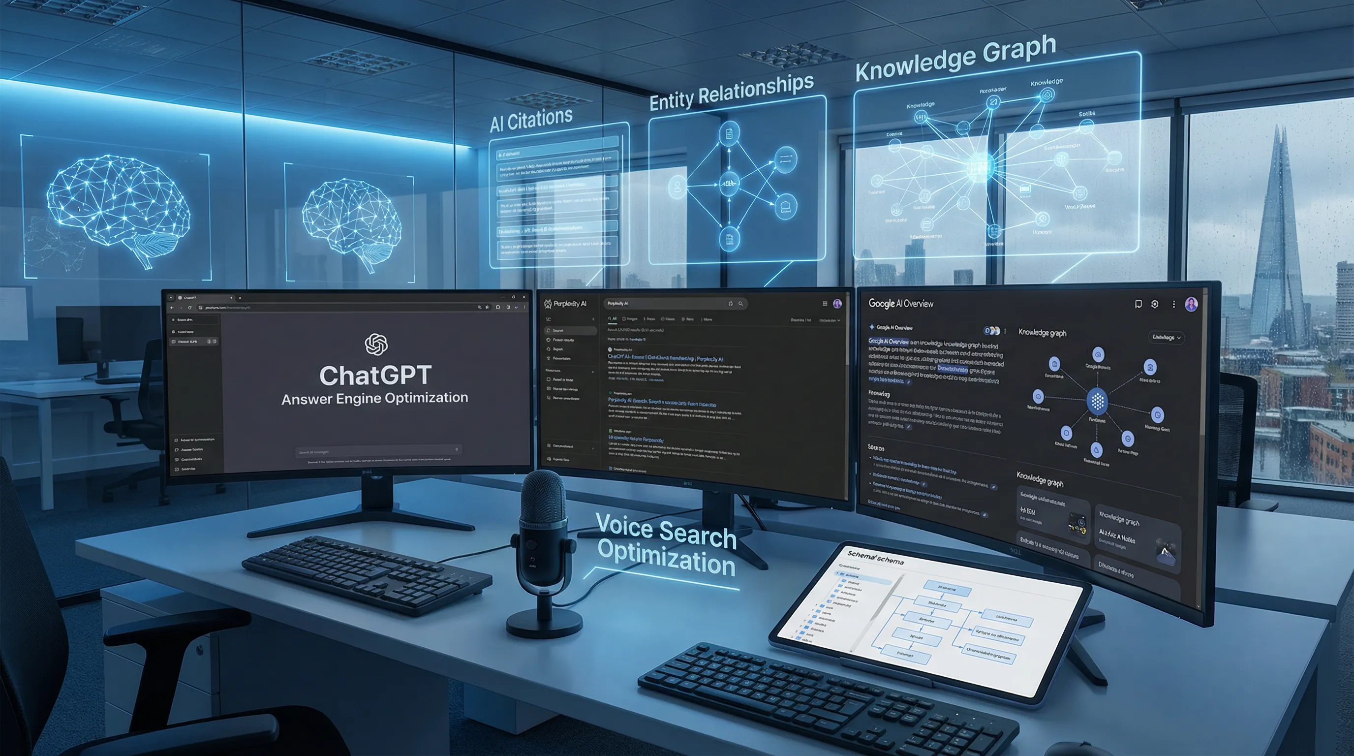 AI search optimization workspace with ChatGPT, Perplexity AI and Google AI Overview interfaces for answer engine optimization