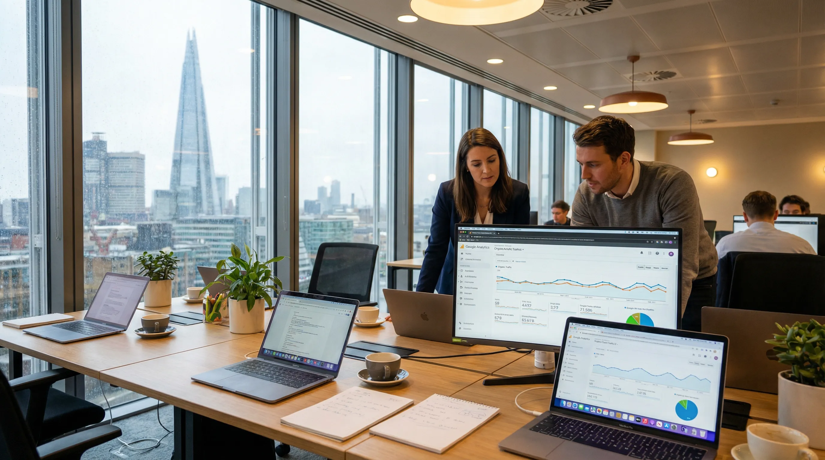 Professional SEO agency workspace with analysts monitoring organic traffic growth charts and search ranking reports in London