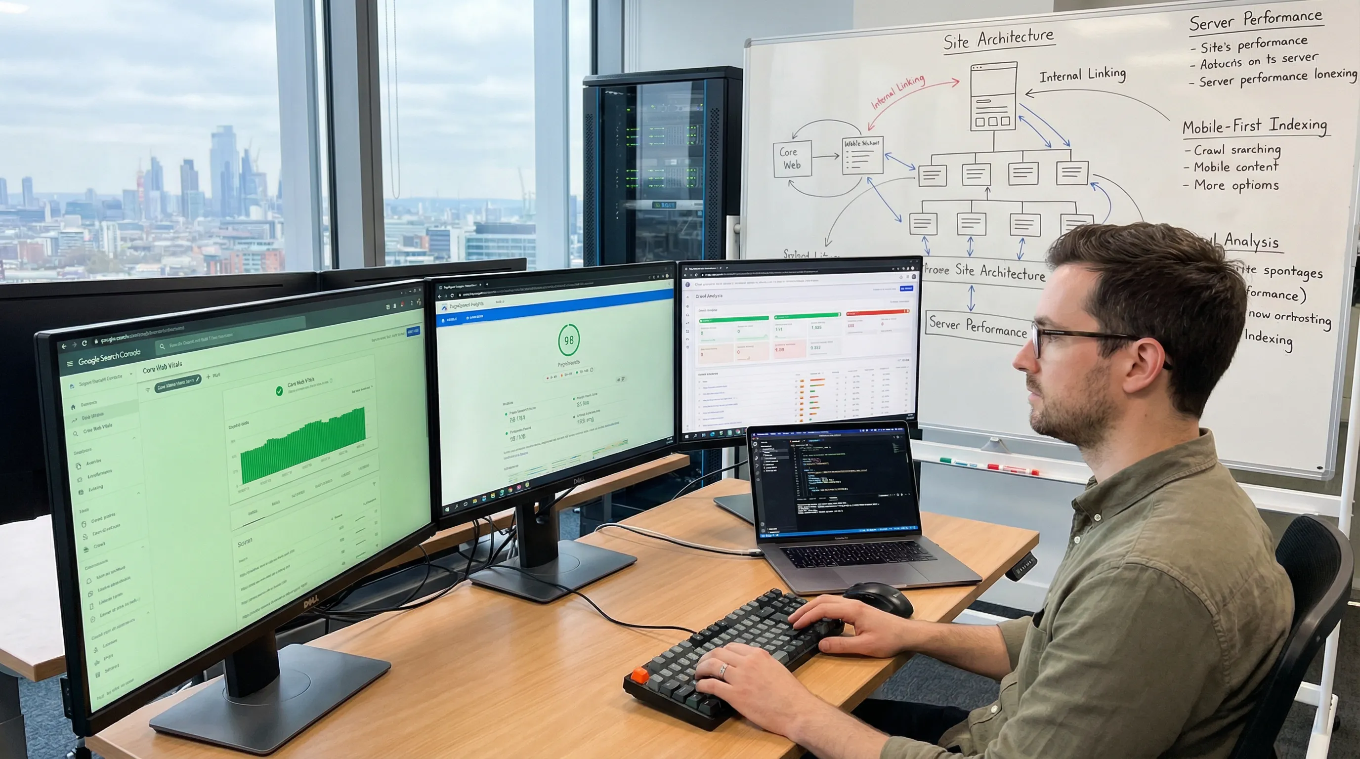 Technical SEO specialist workspace with Core Web Vitals reports, site architecture diagrams and performance optimization tools