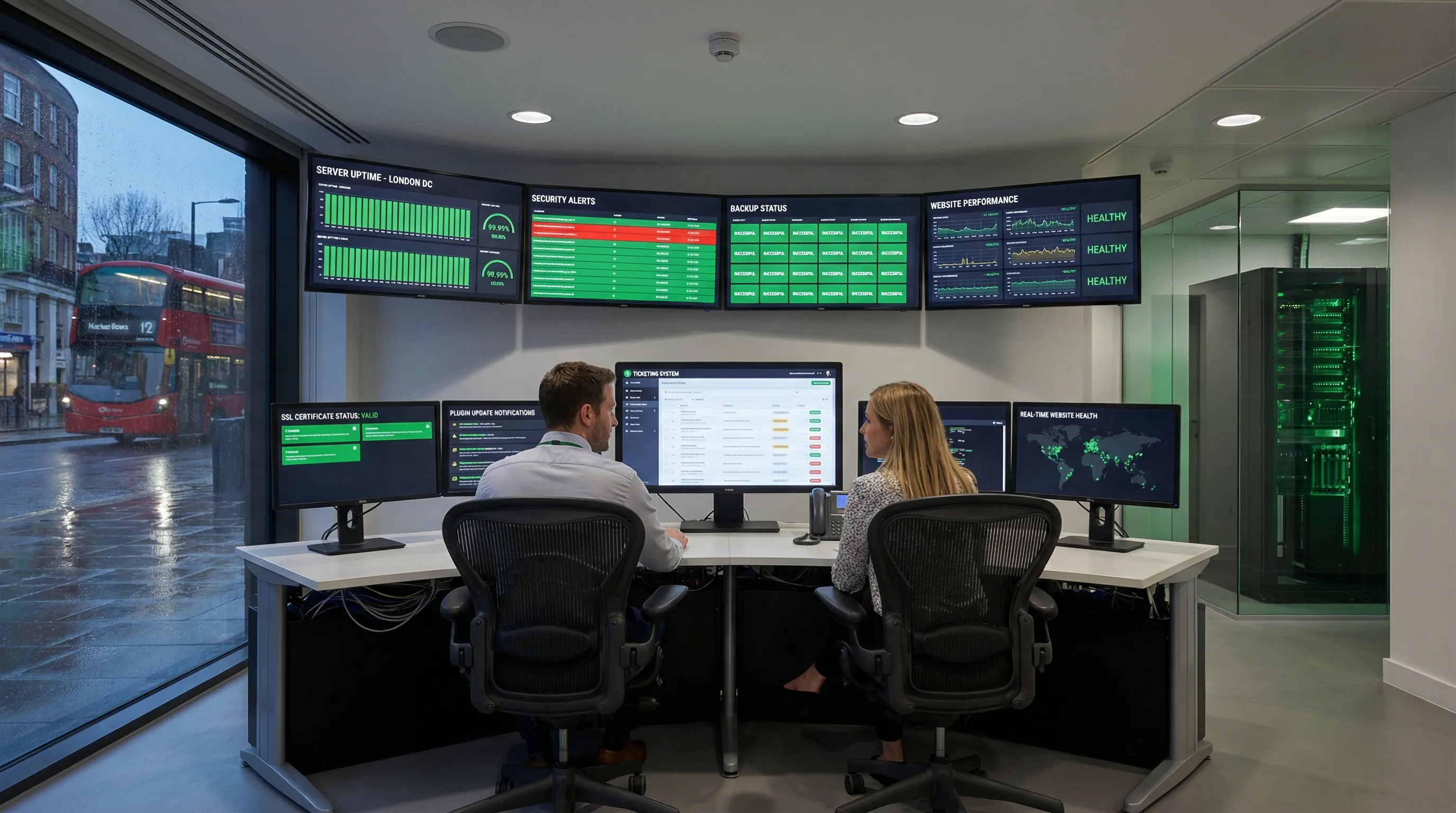 Website maintenance operations center with server uptime dashboards, security monitoring and real-time website health tracking